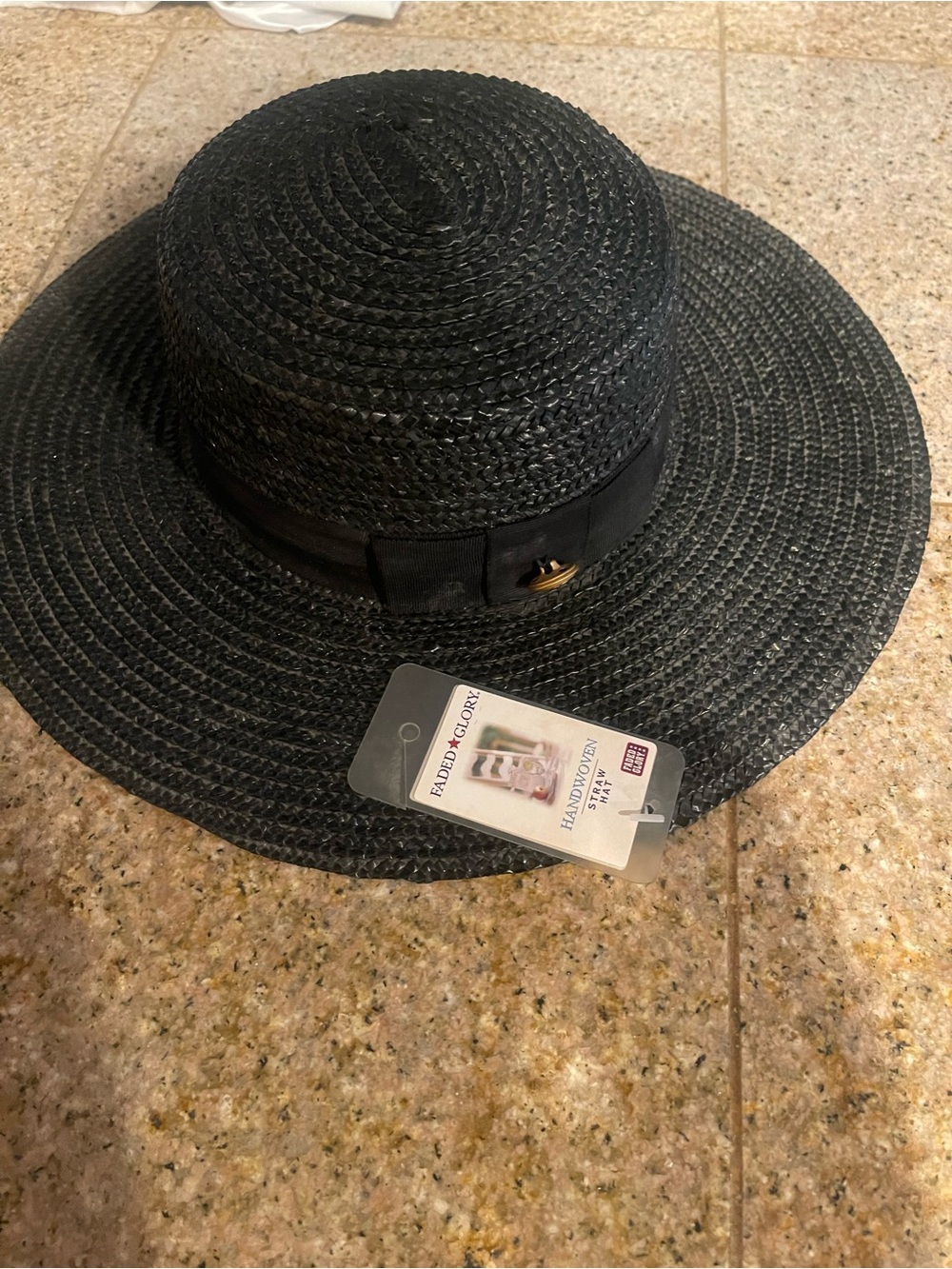 Faded Glory Black Woven Sun Hat with Ribbon Accent